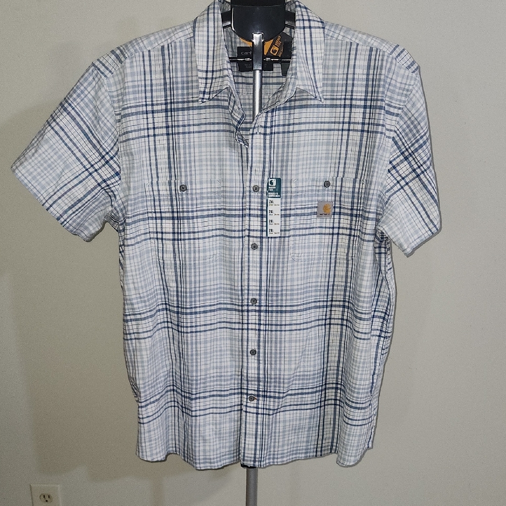 NWT Carhartt White and Blue Plaid Button Down Shirt. XXL.
